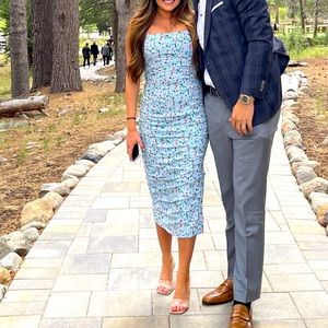 Bardot ruched blue floral midi dress size XS